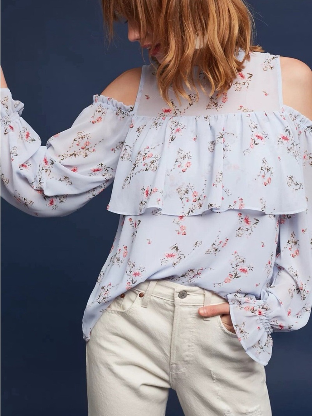 Maeve Anthropologie Cold-Shoulder Ruffle Floral Top - Light Blue